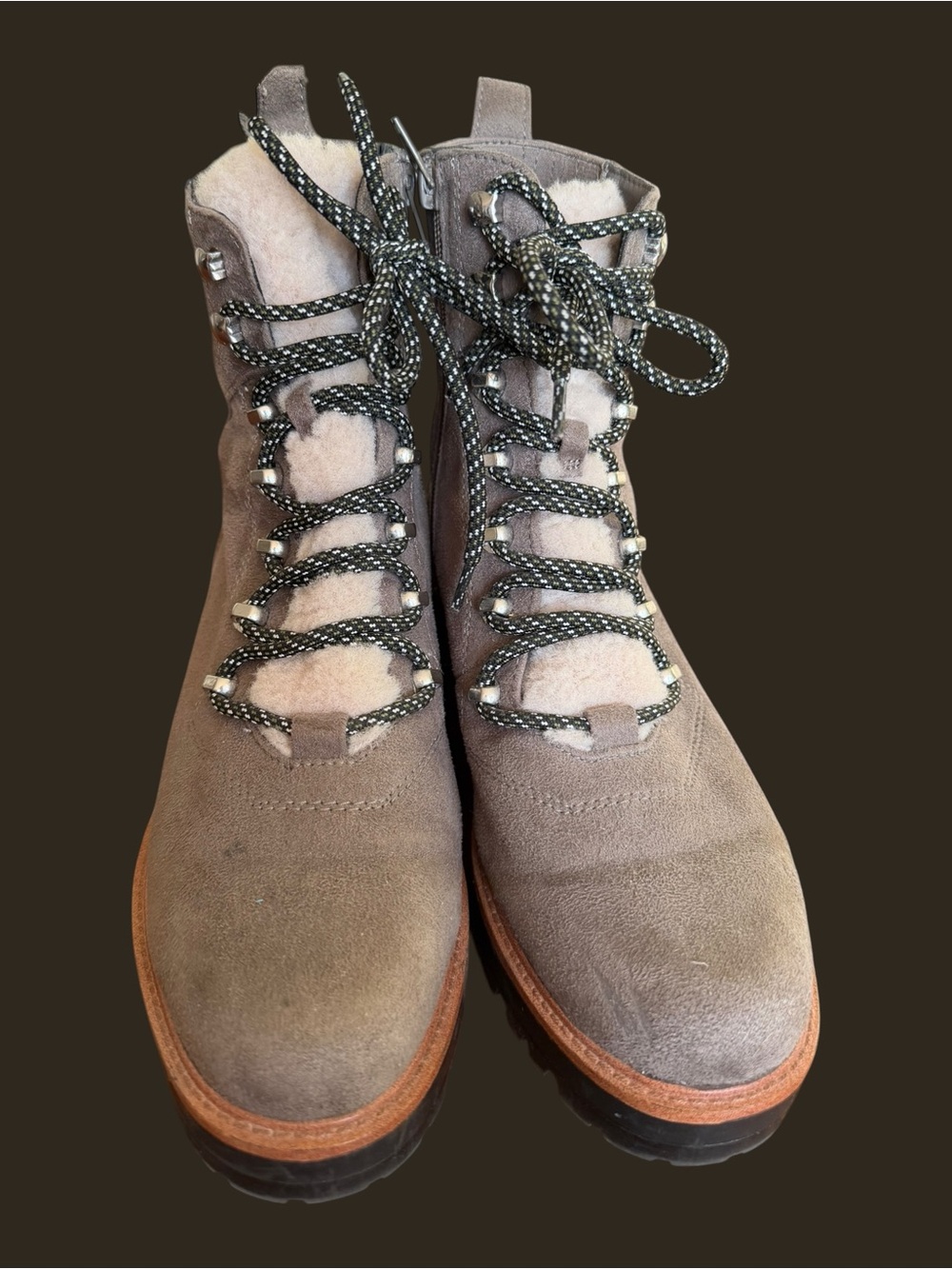 Nine West Taupe Suede Lace-Up Ankle Boots with Shearling Trim